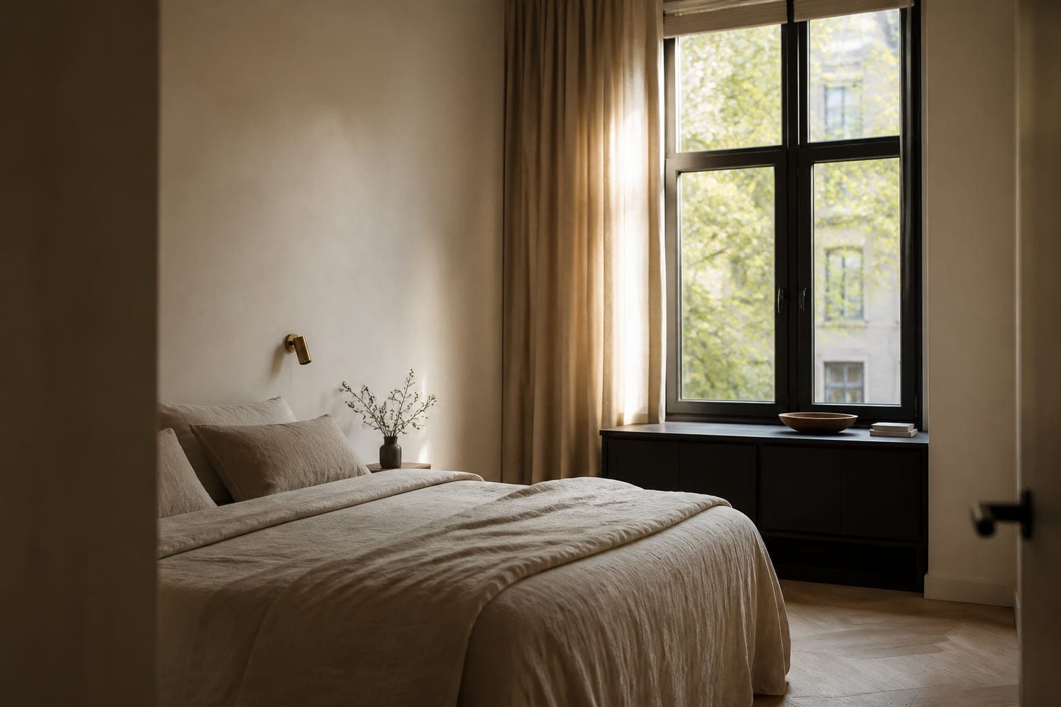 Rustige slaapkamer met gladde, warmwitte gestucte wanden