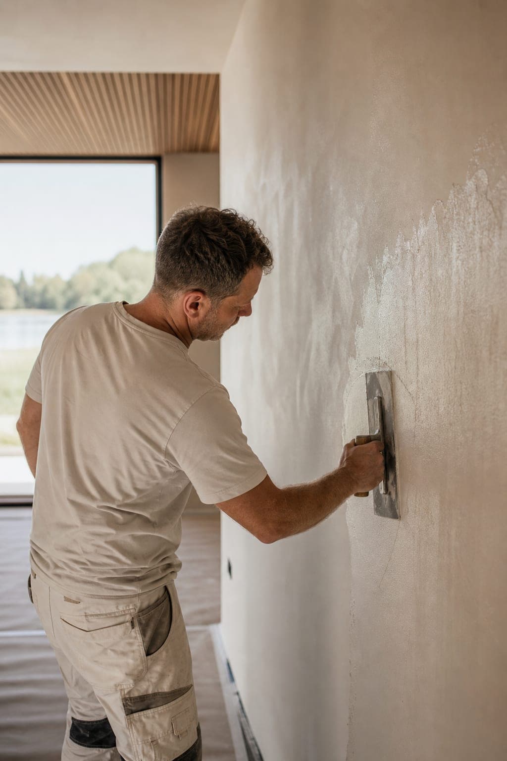 Stukadoor werkt met een pleisterspaan aan een muur in een lichte, moderne woning