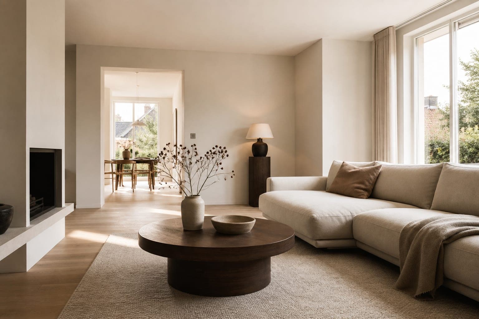 Lichte, minimalistische woonkamer met strak afgewerkte, gladde muren