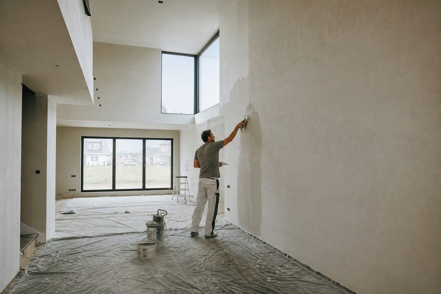 Stukadoor brengt in een lichte, moderne woonkamer stucwerk aan op een grote muur